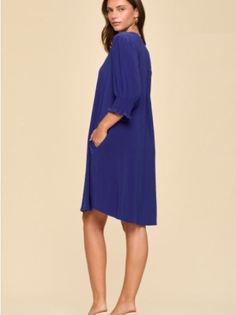 Dear Scarlett Lizzy Blue Smocked Sleeve Dress Wrinkle Free Medium New Nwt - Picture 2 of 3